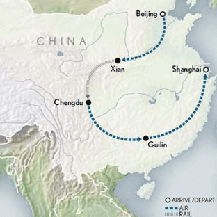 Map of China with travel route.