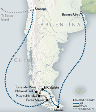 Map of Chile and Argentina travel route.