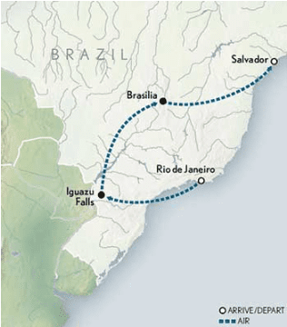 Map of Brazil with flight route.