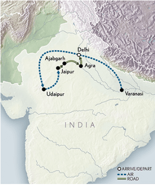 Map of India with travel route.