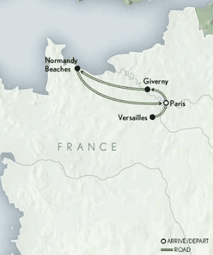 Map of France with travel route.