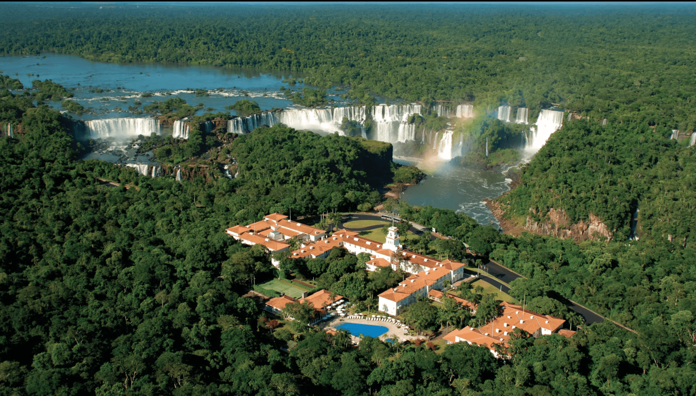 Aerial view of Iguazu Falls and resort.