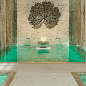 A bathroom with a large pool and a fountain.