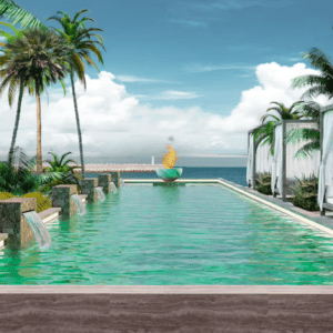 A swimming pool with palm trees and a view of the ocean.