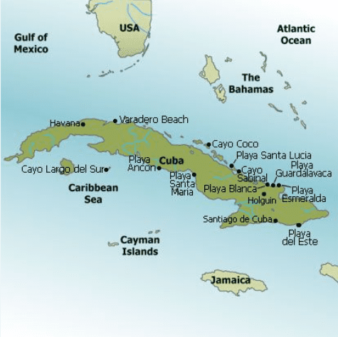 Map of Cuba and nearby islands.