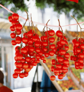 Red tomatoes hanging on a line at an outdoor market.