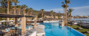 A swimming pool with lounge chairs and palm trees.