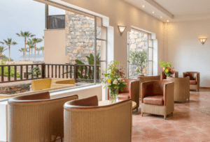 A lounge area with chairs and a view of the ocean.