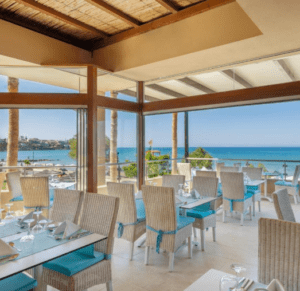 A restaurant with a view of the ocean.