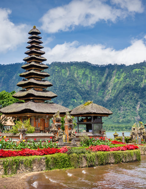 Balinese temple with red flowers and water.