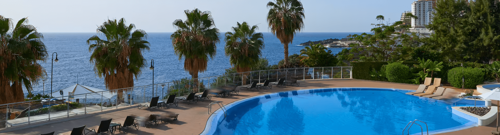 Oceanfront pool with palm trees and lounge chairs.