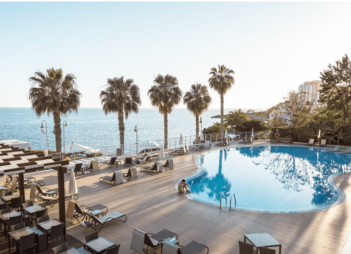 Oceanfront resort pool with palm trees.