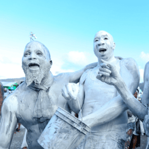 A group of people with white paint on their faces.