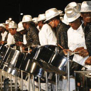 A group of people wearing hats and playing steel drums.