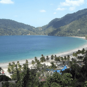 A view of a beach with trees and mountains in the background.