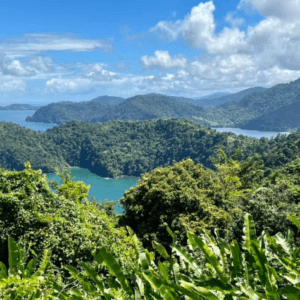 A view from the top of a mountain overlooking the ocean.