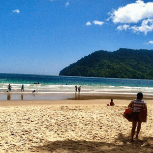 A group of people standing on a beach.