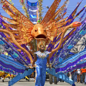 A woman in a colorful costume walking down the street.