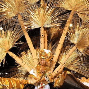 An old lady performs on the stage at carnival.