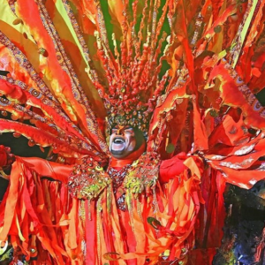 A woman dressed in an orange costume on stage.