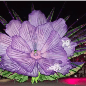 A large purple flower float on a stage at night.