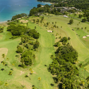 An aerial view of a golf course near the ocean.