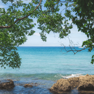 A view of the ocean from a rocky shore.