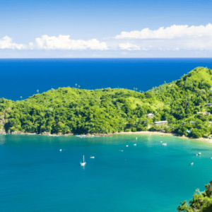 An aerial view of a tropical island and the ocean.