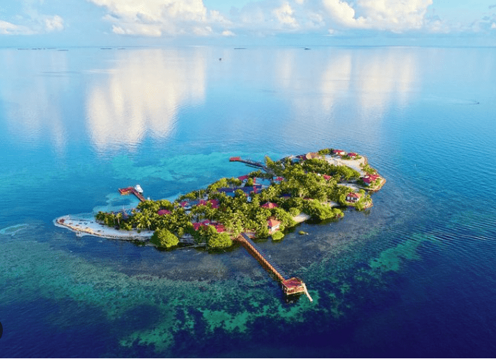 Aerial view of tropical island resort.