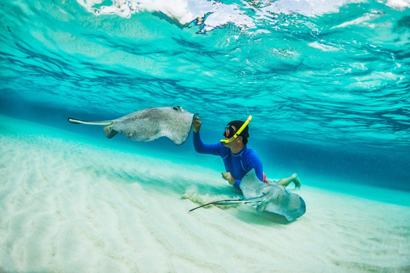 Man snorkeling with stingrays in clear water.