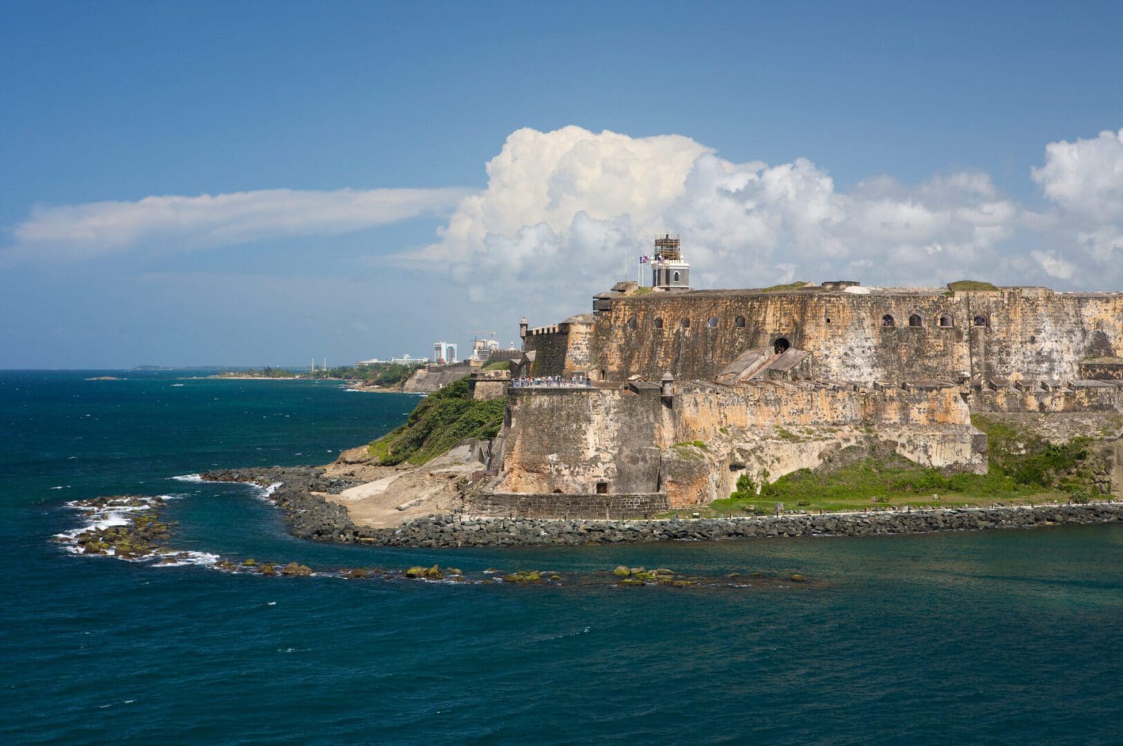 Coastal fortress with ocean and sky.