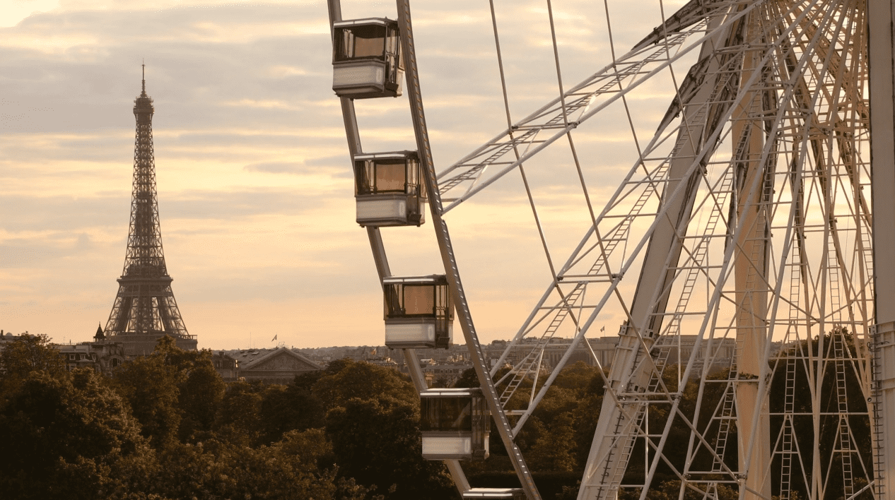 Ferris wheel and Eiffel Tower in Paris.