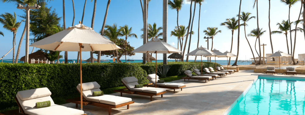 Luxury poolside lounge chairs with umbrellas.