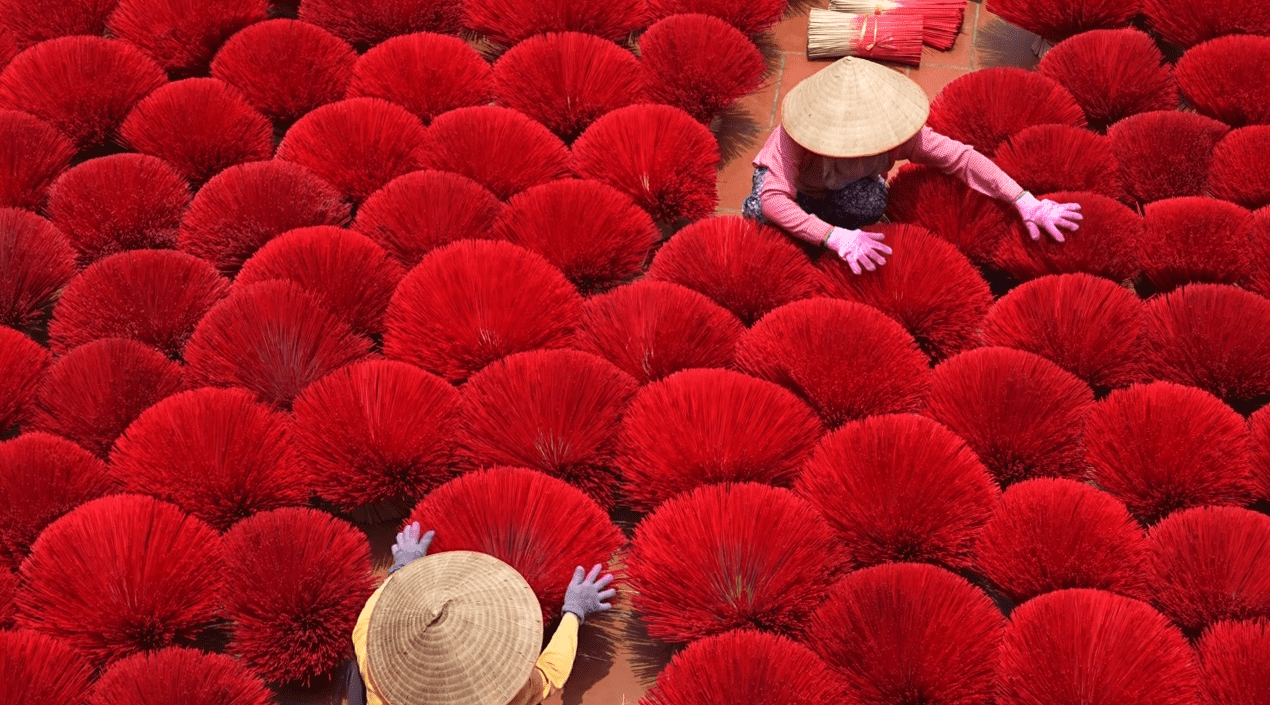 Red incense sticks drying in the sun.