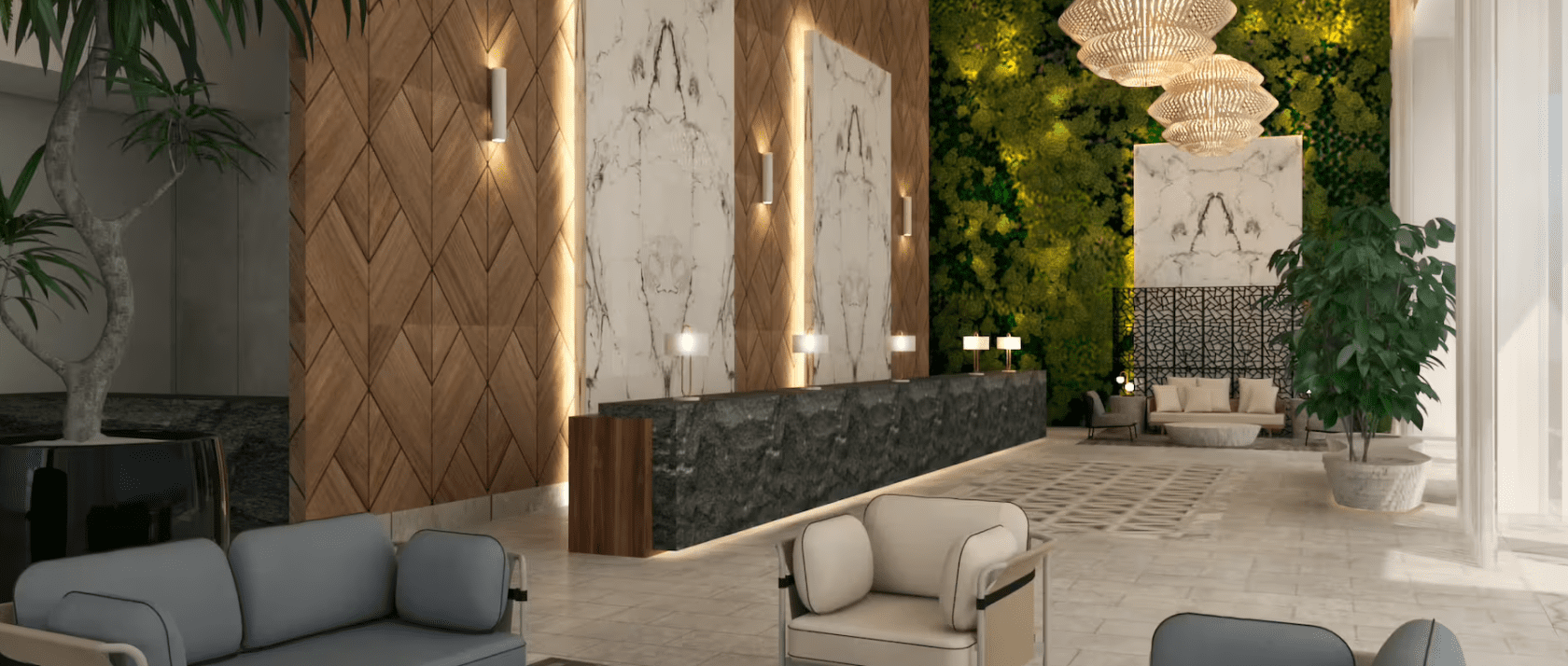 Modern hotel lobby with green wall and lounge area.