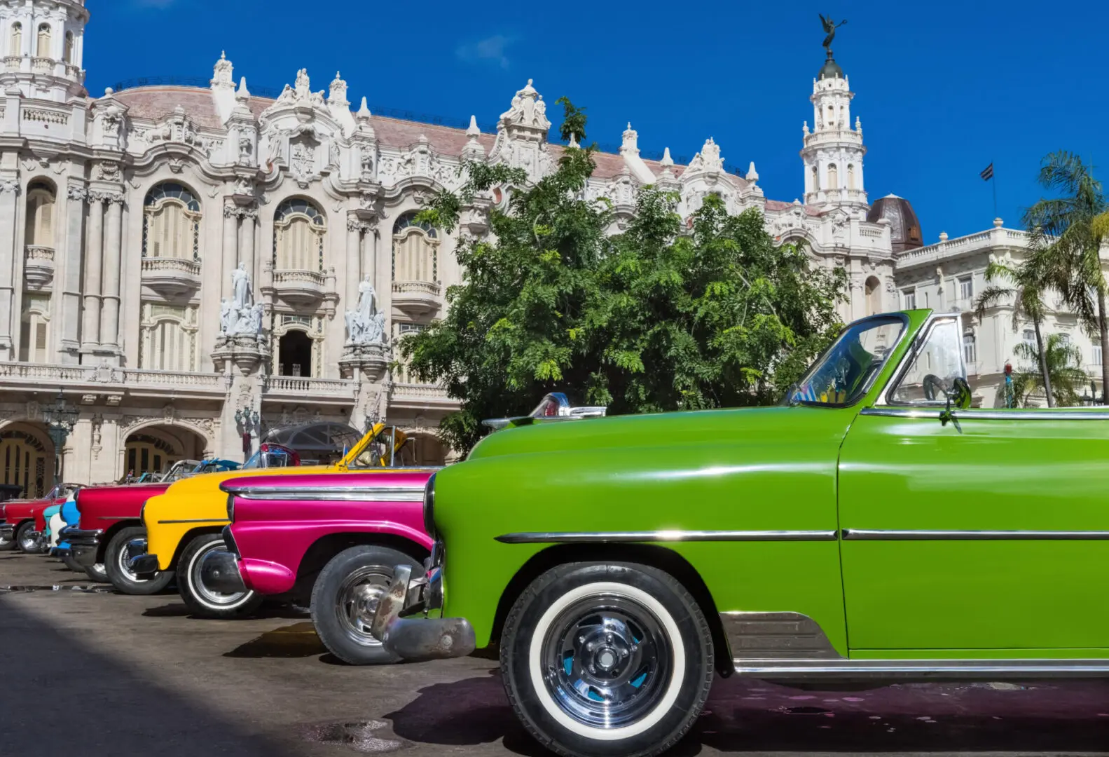 Beautiful american classic cars parked lined up in Havana City Cuba