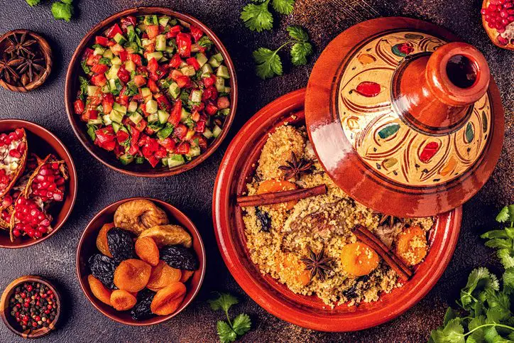 Moroccan tagine with couscous and spices.