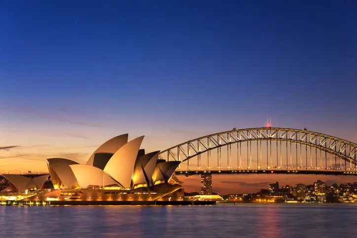 Sydney Opera House and Harbour Bridge at dusk.