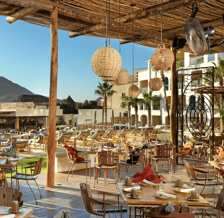 Outdoor dining area with woven lights.