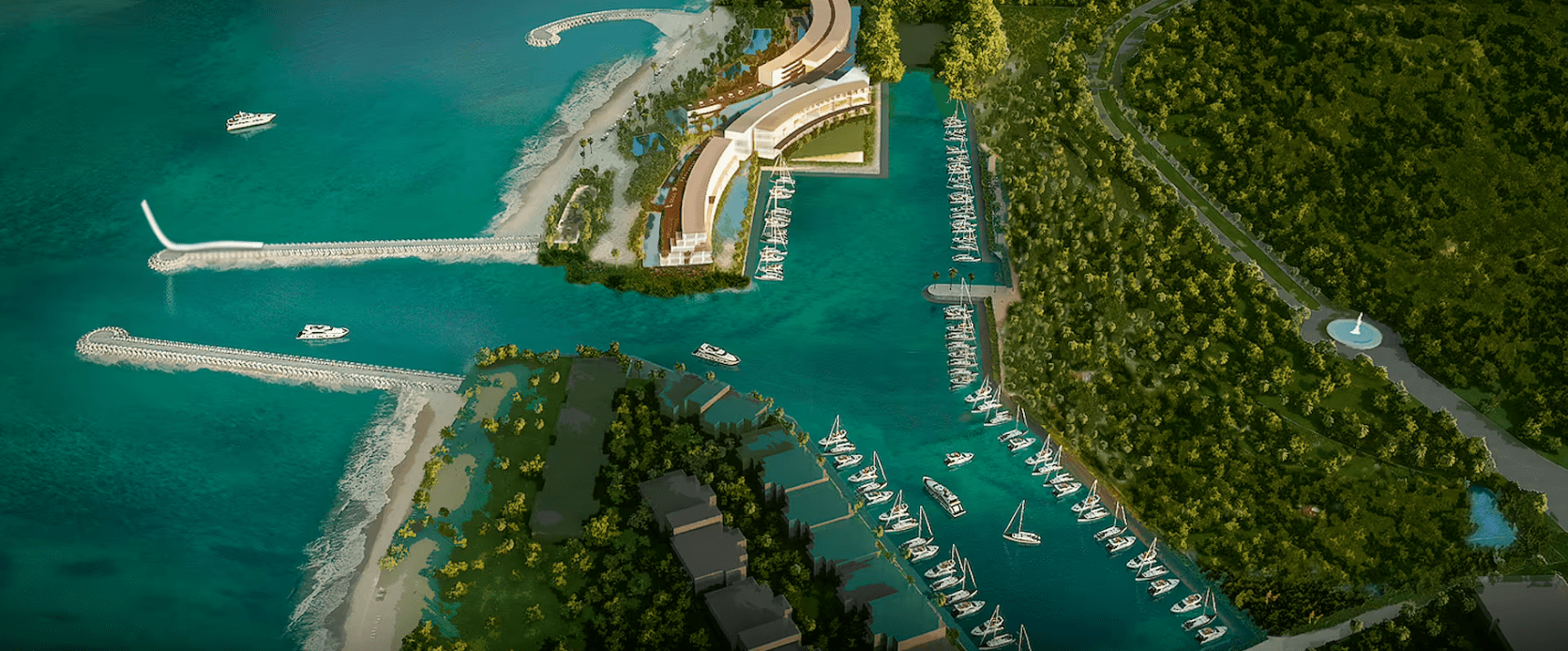 Aerial view of a marina with boats.