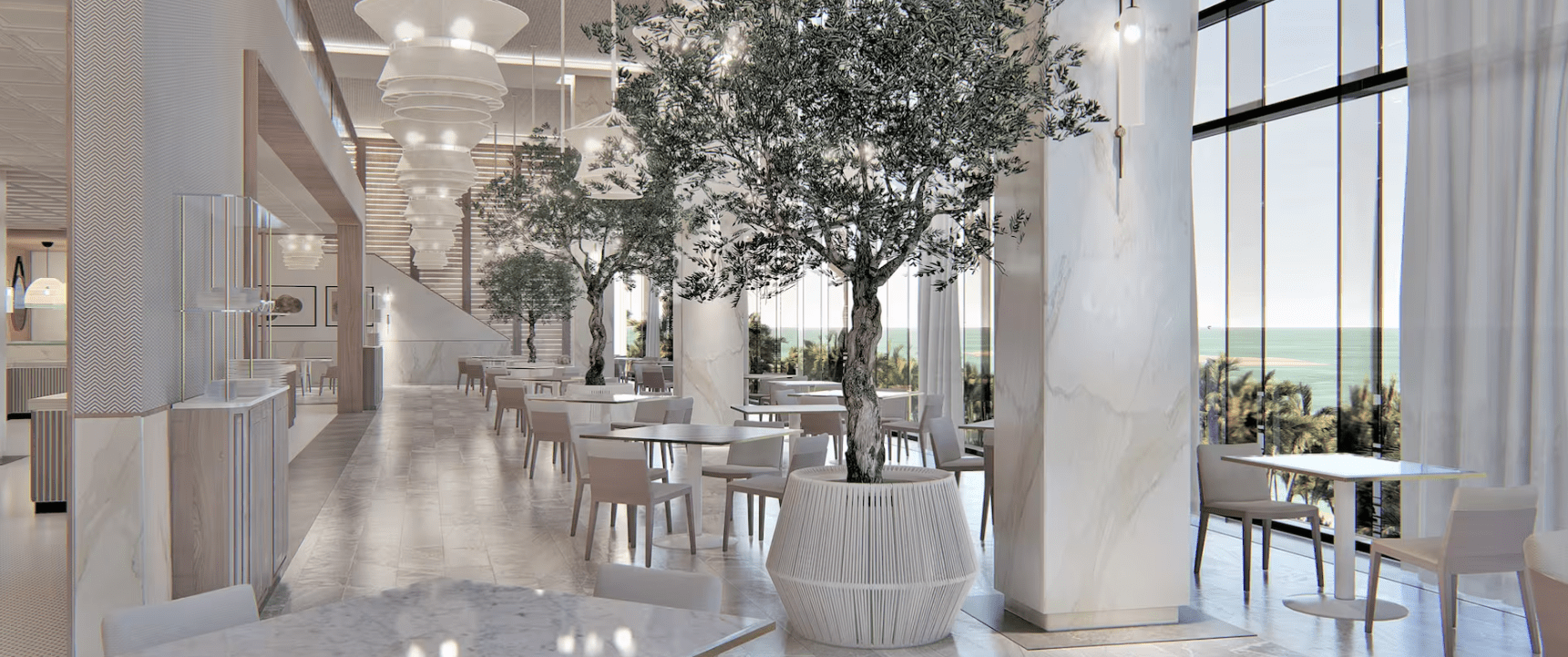 Modern dining area with ocean view.