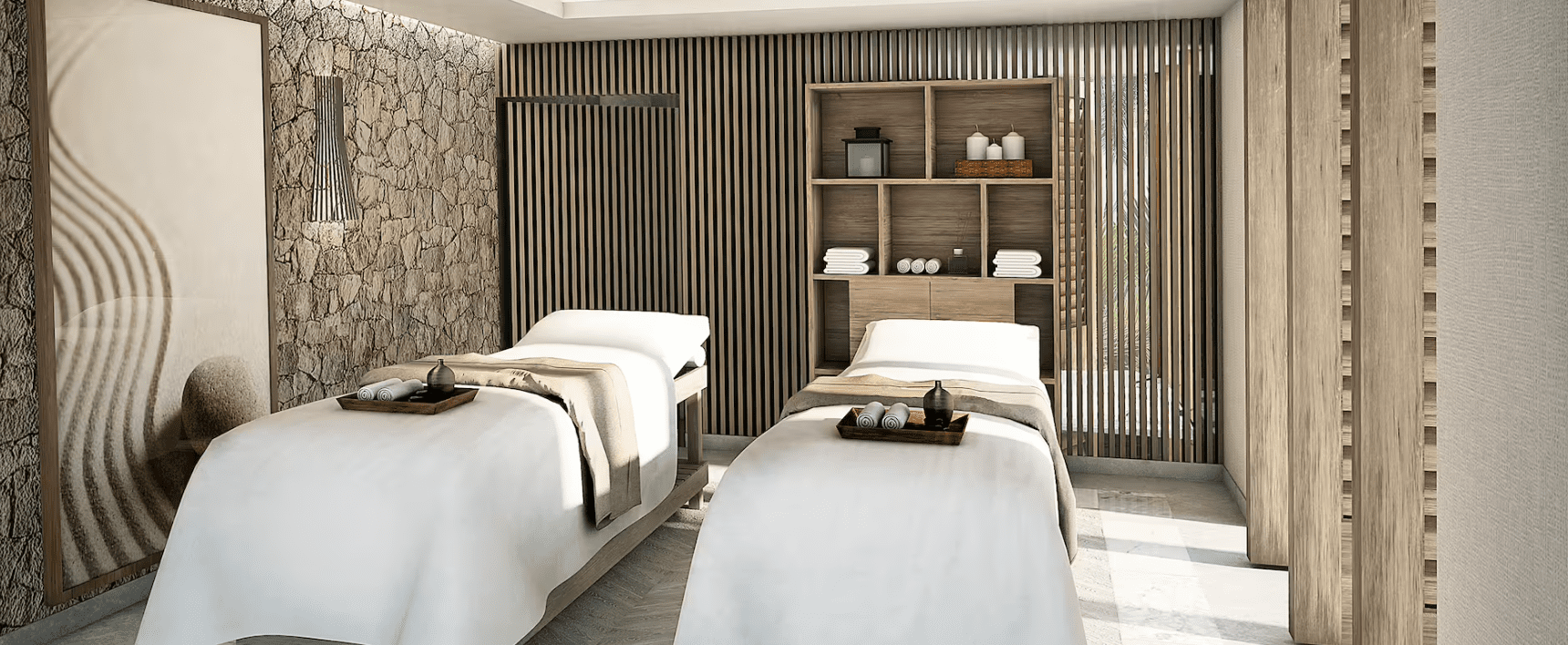 Two massage beds in a serene spa room.