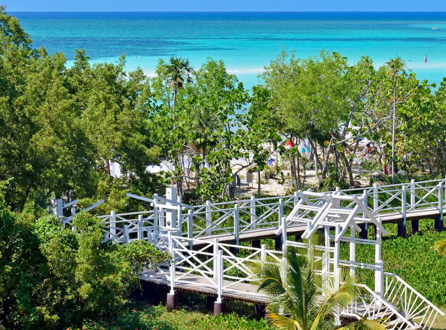 White wooden bridge leading to beach.