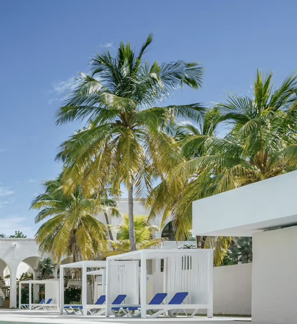 White cabanas with blue loungers under palm trees.