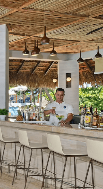 Bartender mixing a drink at a bar.