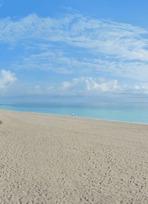 Sandy beach with blue sky and a lone figure.