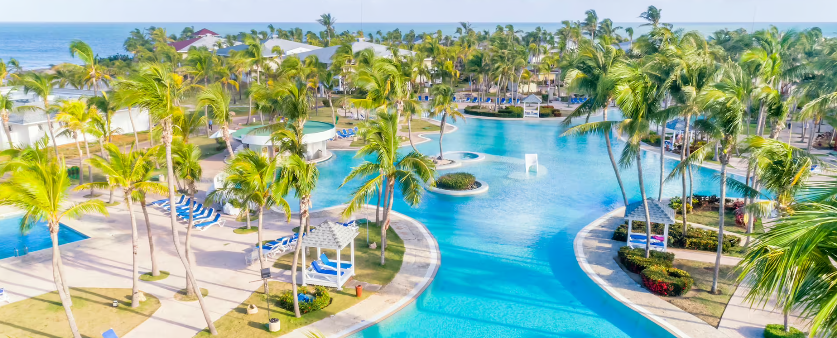 Aerial view of a resort pool and palm trees.