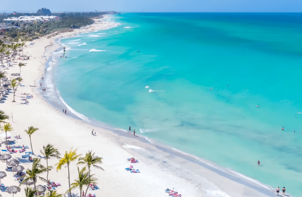 Aerial view of a white sand beach.