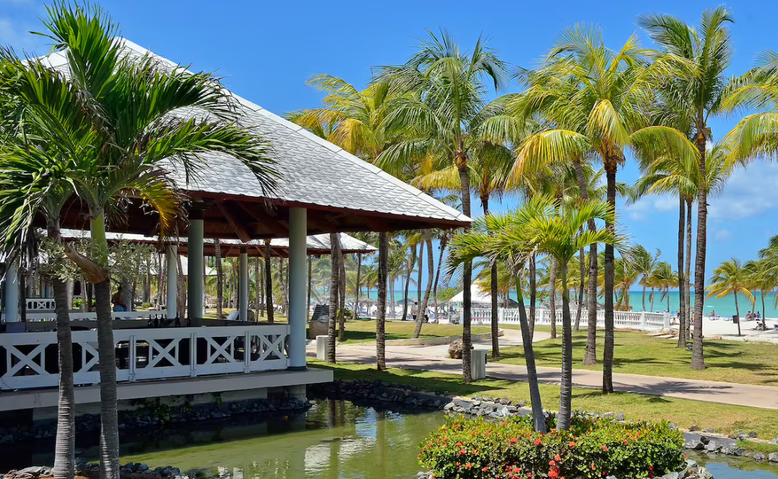 Tropical resort with palm trees and beach.