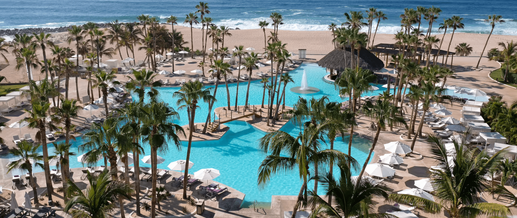 Oceanfront resort with palm trees and pool.